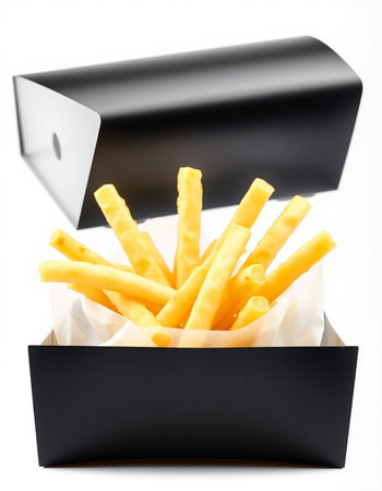 French fries in a box on a white background. Fast food.の写真素材