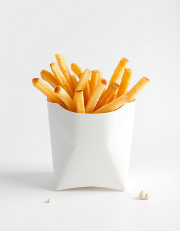 French fries in a paper box on a white background with copy space