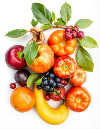 Fresh fruits and vegetables isolated on white background. Healthy food concept.