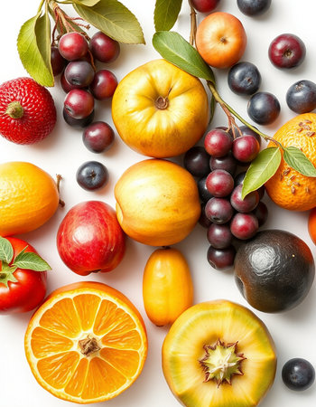 Fruits on white background. Flat lay, top viewの写真素材