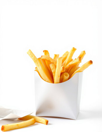 French fries in a paper box on a white background. Fast food.