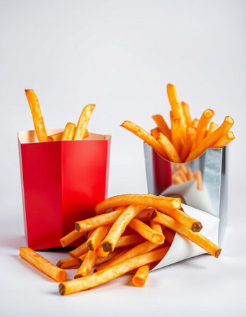 French fries in paper box on white background. Selective focus.