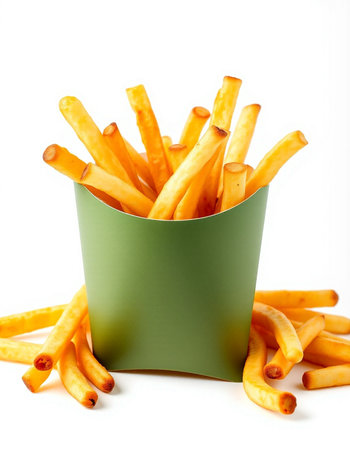 French fries in a green box on a white background. Isolated