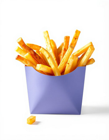 French fries in a paper box on a white background. Isolatedの写真素材