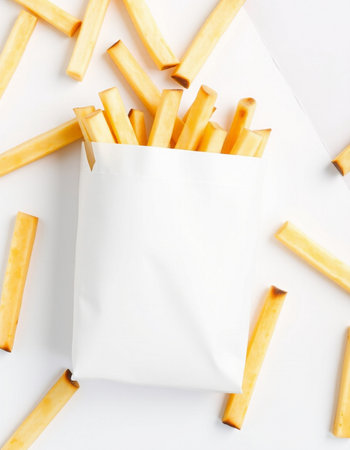 French fries in a white paper bag on a white background, top viewの写真素材