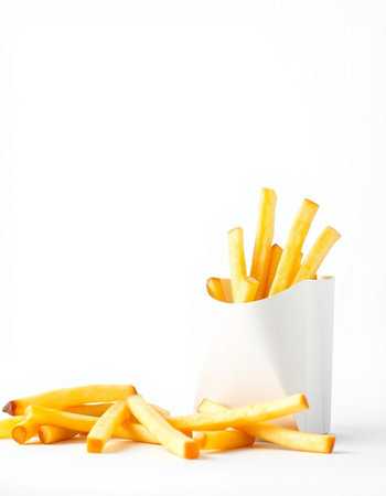 French fries in a white paper box on a white background. Selective focus.