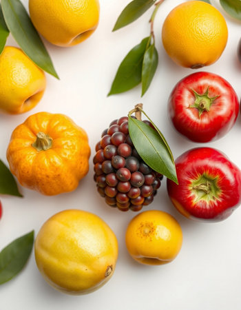 Fruits and vegetables on a white background. Flat lay, top viewの写真素材
