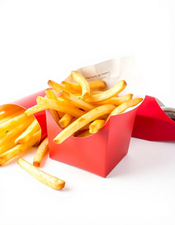 French fries in a red box on a white background, fast foodの写真素材
