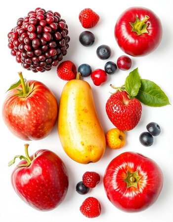 Fruits and berries isolated on a white background. Top view.の写真素材
