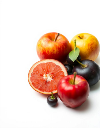 Fruits isolated on white background. Red apples, black plumscots