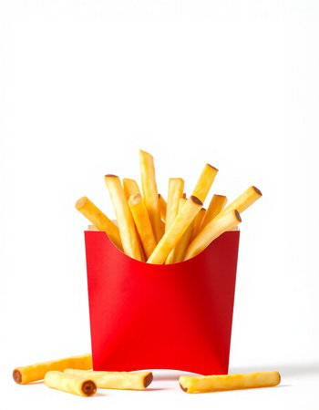 French fries in red box isolated on white background. Fast food.