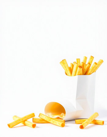 French fries in a white box on a white background. Copy space.の写真素材