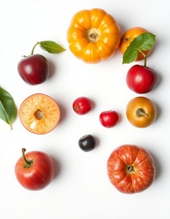 Assortment of fresh fruits and vegetables on white background, top view