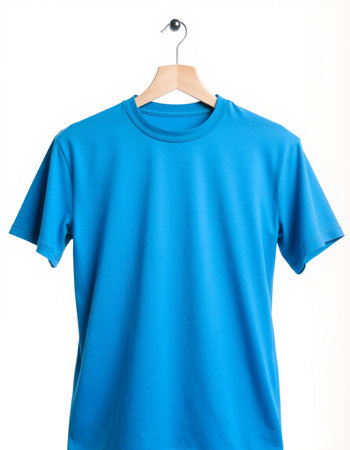 Blue t-shirt on a hanger isolated on white background.の写真素材