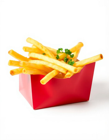 French fries in a red box on a white background, fast foodの写真素材