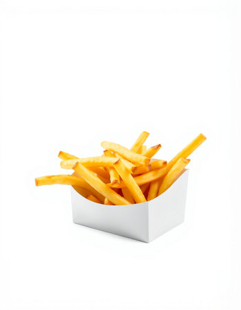 Golden French fries in a white box on a white background. Isolated