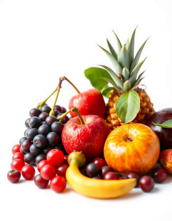 Fruits and berries isolated on white background. Healthy food concept.