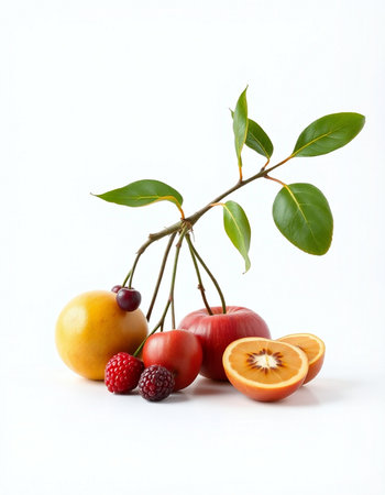 Fruits isolated on white background. Ripe red apples, oranges, raspberries and blackberries.