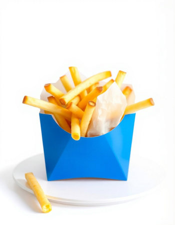French fries in a blue box on a white background. Fast food.の写真素材
