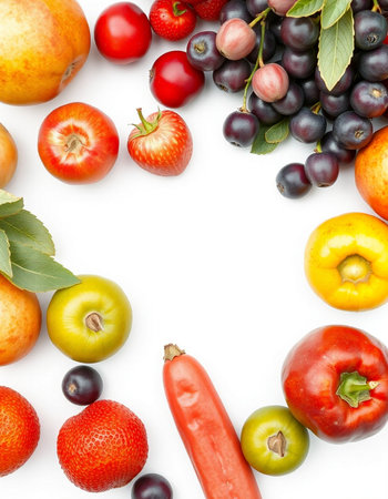 Fruits and vegetables isolated on white background. Top view. Flat lay pattern.