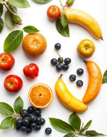 Fruits and vegetables on a white background. Flat lay, top viewの写真素材