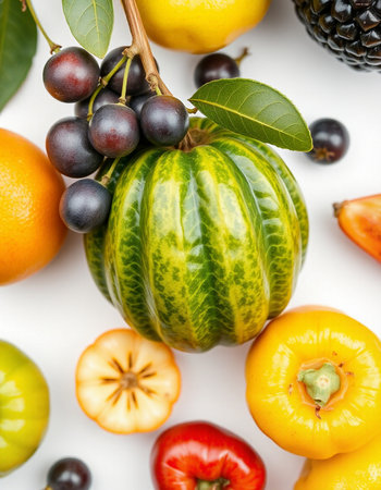 Variety of fruits and vegetables on white background. Top view.の写真素材