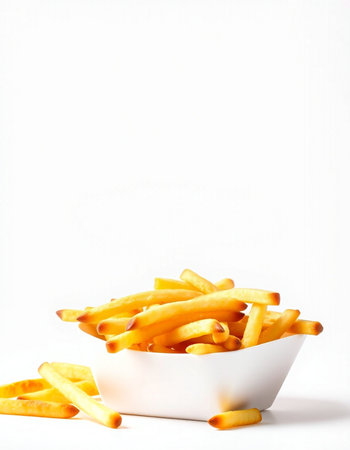 French fries in a bowl on a white background. Selective focus.の写真素材