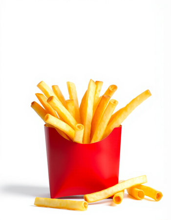 French fries in a red box on a white background. Isolated