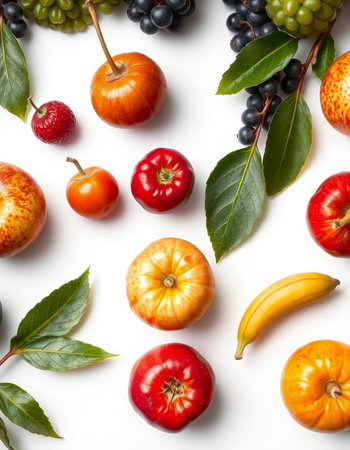 Autumn fruits on a white background. Flat lay, top view
