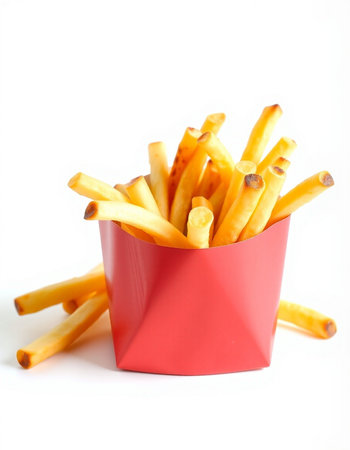 French fries in a red box on a white background. Isolated