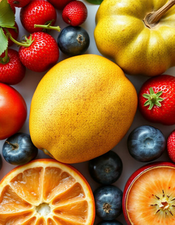 Fresh fruits and berries background. Healthy food concept. Top view.の写真素材