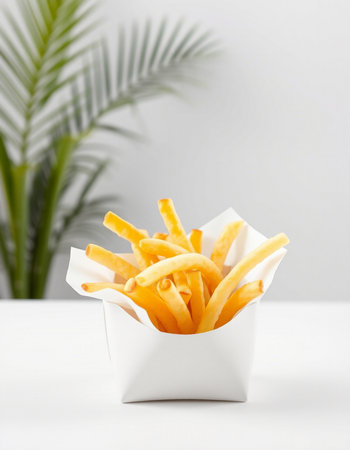 French fries in a paper box on a white table with a plant in the background