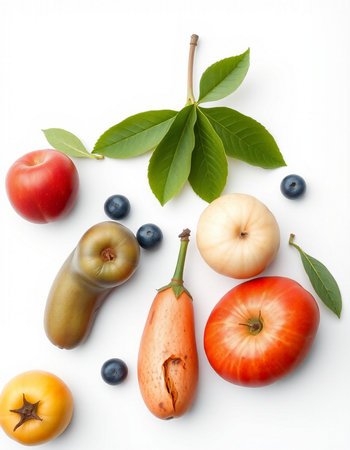 Fruits and vegetables on a white background. Flat lay, top viewの写真素材