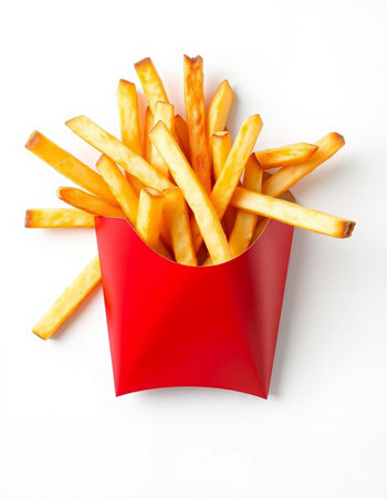 French fries in red box isolated on white background. Top view.
