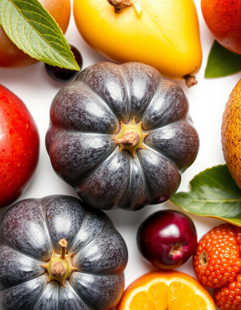 Autumn fruits and vegetables. Pumpkin, plumscots, apples and oranges on white backgroundの写真素材