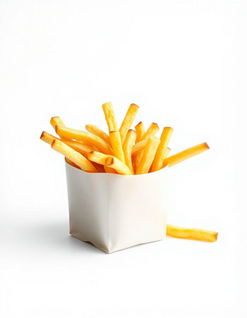French fries in a white box on a white background. Isolated