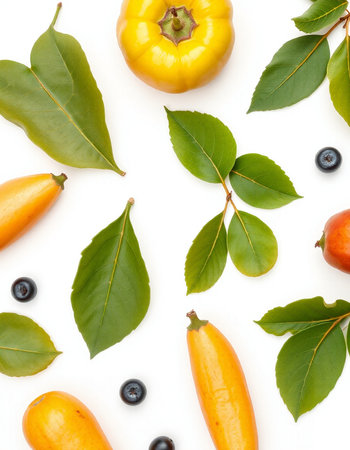 Fruits and vegetables isolated on white background. Flat lay, top viewの写真素材