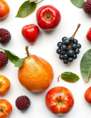 Fruits and berries on white background. Flat lay, top view
