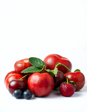 Ripe red cherries and plums on a white background.の写真素材