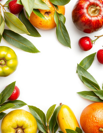 Fruits and vegetables on white background. Top view. Flat lay