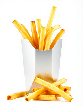 French fries in paper box isolated on white background. Fast food.