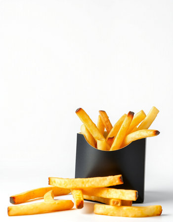 French fries in a black box on a white background with space for textの写真素材