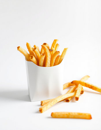French fries in a white cup on a white background. Selective focus.の写真素材