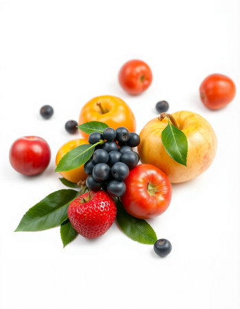 Fresh fruits and berries isolated on white background. Healthy food concept.