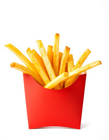 French fries in red box isolated on white background. Fast food.