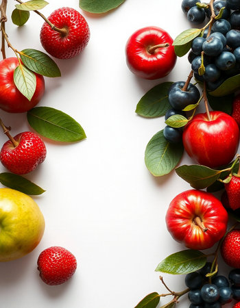 Healthy food background. Fresh fruits and berries on white background.の写真素材