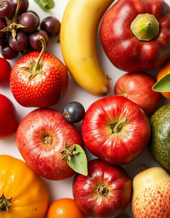 Variety of fresh fruits and vegetables. Healthy food background. Top view.の写真素材