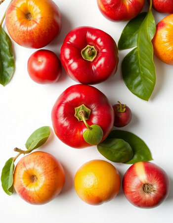 Fruits and vegetables on a white background. Flat lay, top viewの写真素材