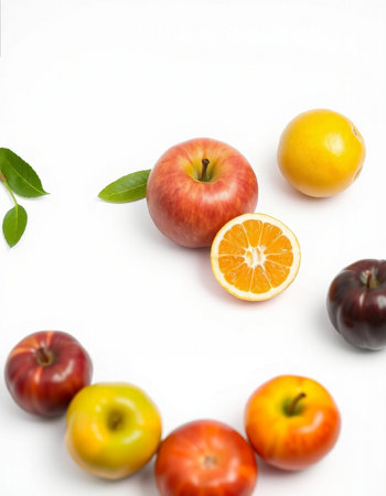 Apples, plums and oranges on a white background. Healthy food.