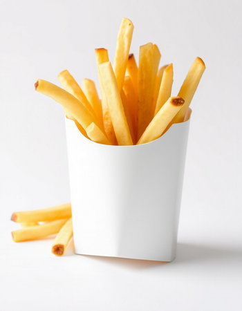 French fries in a paper cup on a white background. Selective focus.